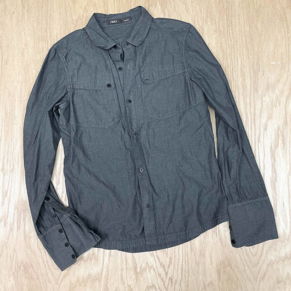 Mens NAU Button Front Casual Work Shirt Gray Striped M Medium